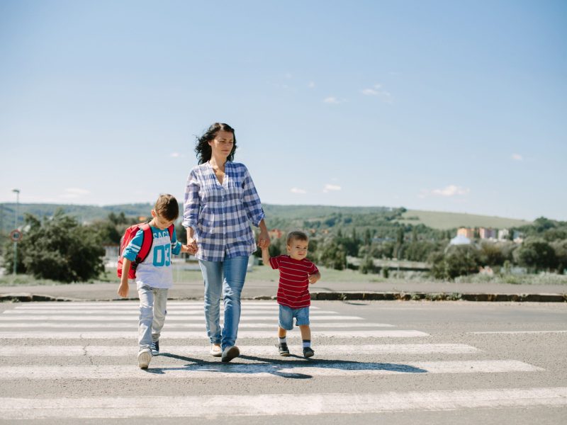 Mother Crossing the Street with Her Children A woman holding hands with two children as they cross a pedestrian crosswalk on a sunny day, with a rural landscape in the background.